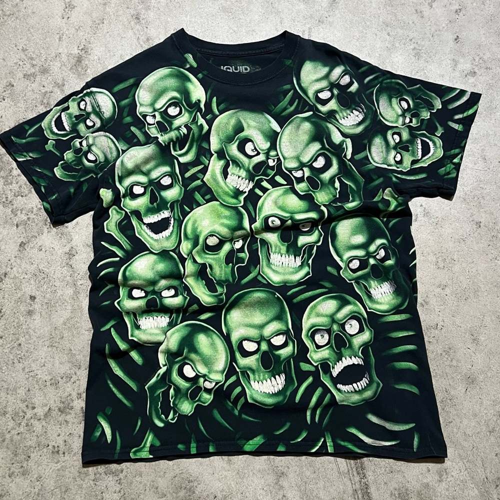 AOP Glowing Green Skull Liquid Blue Tee